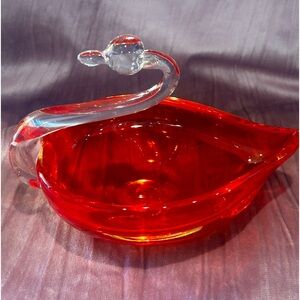 Hand blown vintage glass red Swan candy trinket dish